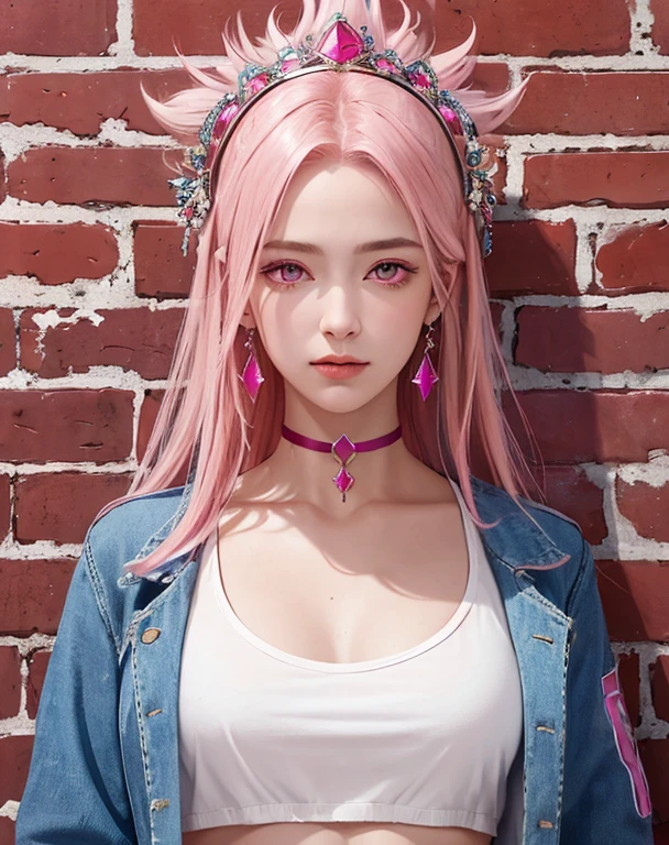 (masterpiece, highest quality, 1 girl, alone, intricate details, chromatic aberration), realistic, ((Medium Breath)),long hair, pink hair, Red headdress, pink highlights, hair above one eye,purple eyes, earrings, clear eyes, choker, Neon Shirt, open jacket, crop top, (eye of symmetry),(perfect symmetrical body),Against Wall, brick wall, graffiti, dim lighting, alley ,view viewer