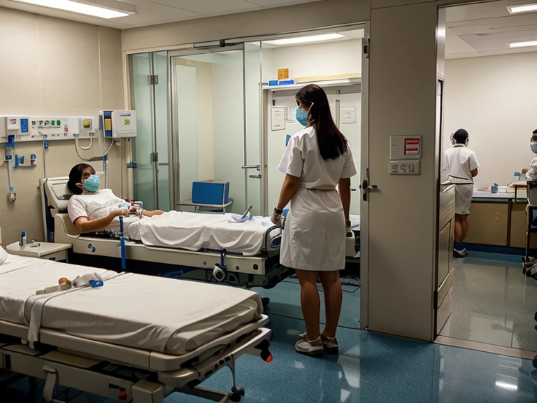 a busy hospital with bustling doctors and nurses, patients seeking care in the waiting area, doctors performing surgeries in state-of-the-art operating rooms, nurses providing attentive care to sick patients, meticulous examinations being conducted by medical professionals, hospital equipment being used for diagnosis and treatment, dedicated hospital staff working tirelessly to ensure the well-being of patients and provide high-quality healthcare