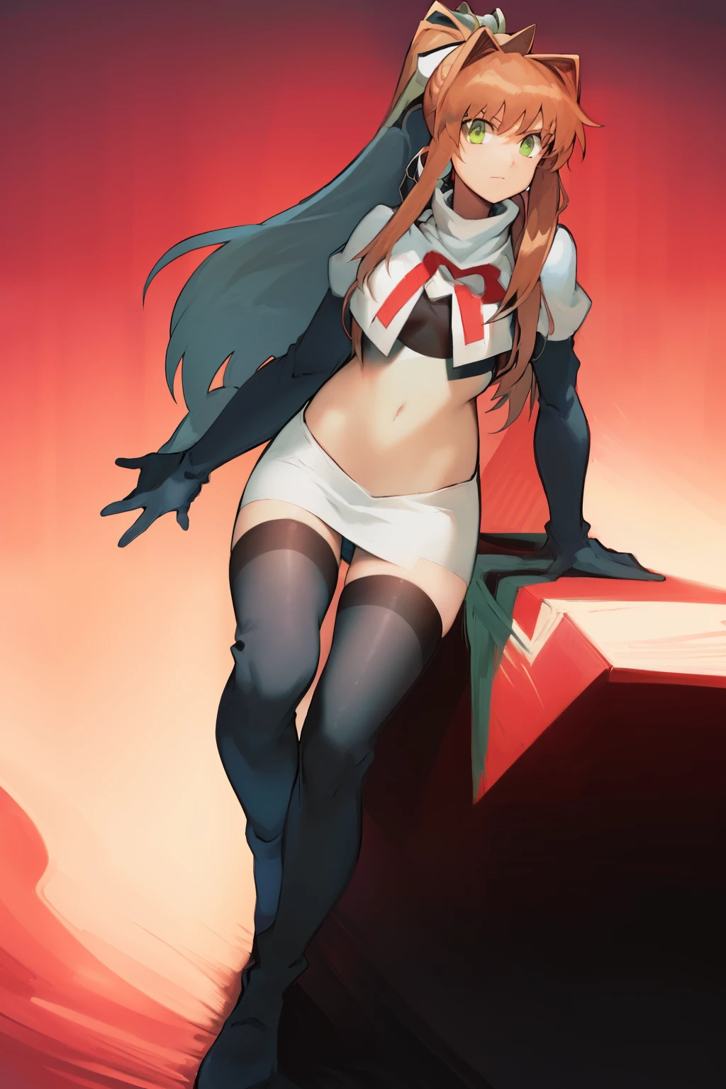 2d, masterpiece, best quality, anime, highly detailed, cowboy shot, 1girl, solo, monika, green eyes, very long hair, ponytail, team rocket,team rocket uniform,white skirt,red letter R,crop top,black thigh-highs,black elbow gloves
