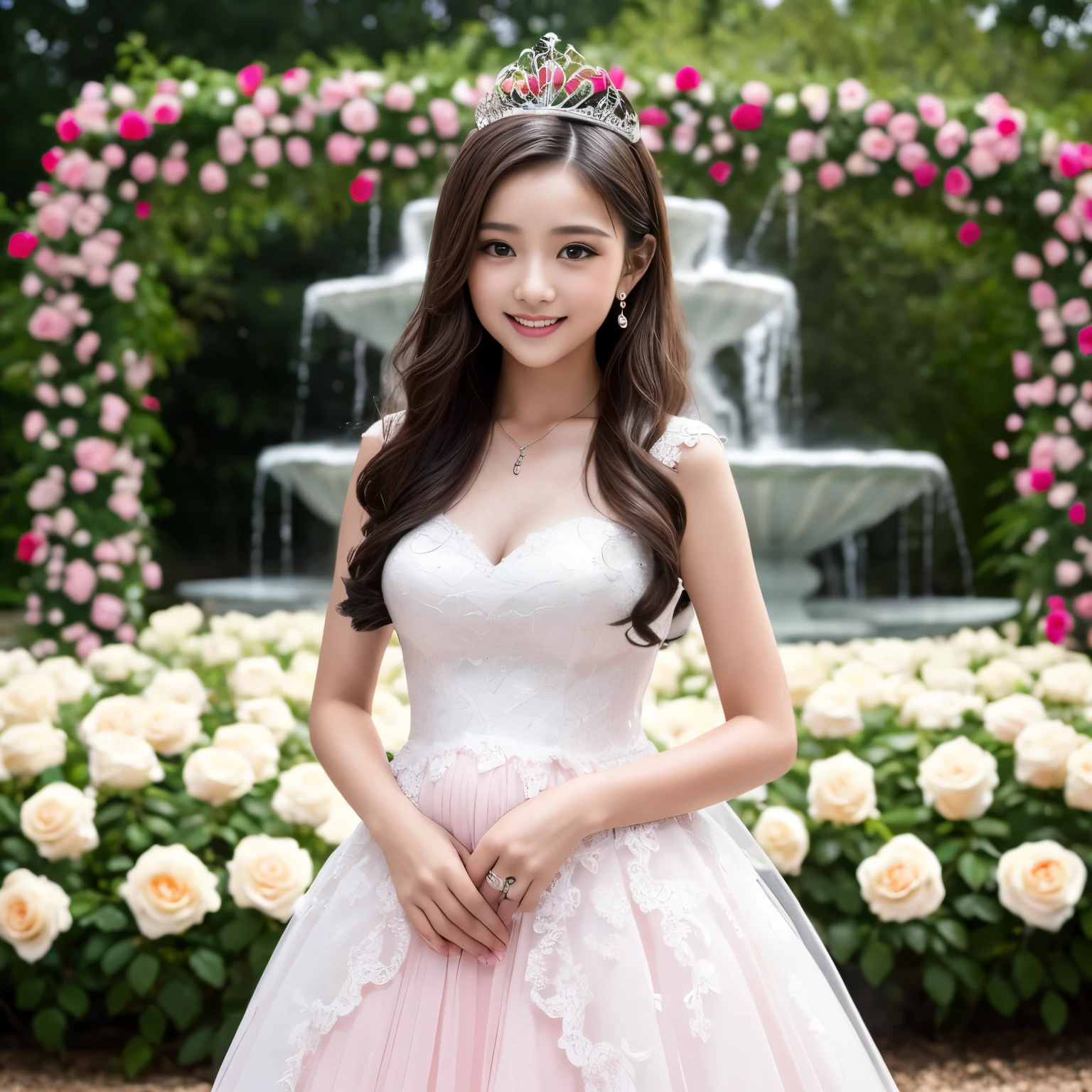 Beautiful adult woman、Brown Hair、Medium Hair、Festre with many white and pink roses on his head,,、Small Face、compensate、smile、Cleavage、Pure white dress、Skirt、The skirt is decorated with roses of various colors.、Sitting among roses、Holding a bouquet of flowers in both hands