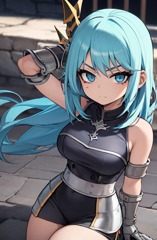 Imagen estilo anime de una chica de cabello azul y es baja y musculosa viste una armadura medieval y tiene una cara enojada 