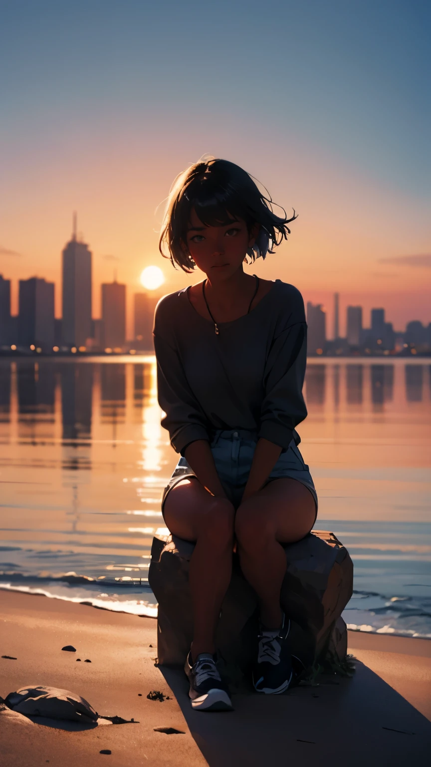 Pretty black woman sitting on a hillside, soft hair, funkypop, cyberdelic, grunge, hyperrealistic anime, lofi art, luminism, manga, medium shot, chemiluminescence, flare, flourescent lightin, character design, atey ghailan, basquiat, colorful_frequencies, electric colors, iridescent, dynamic pose, nouveau realisme, city background, african american
