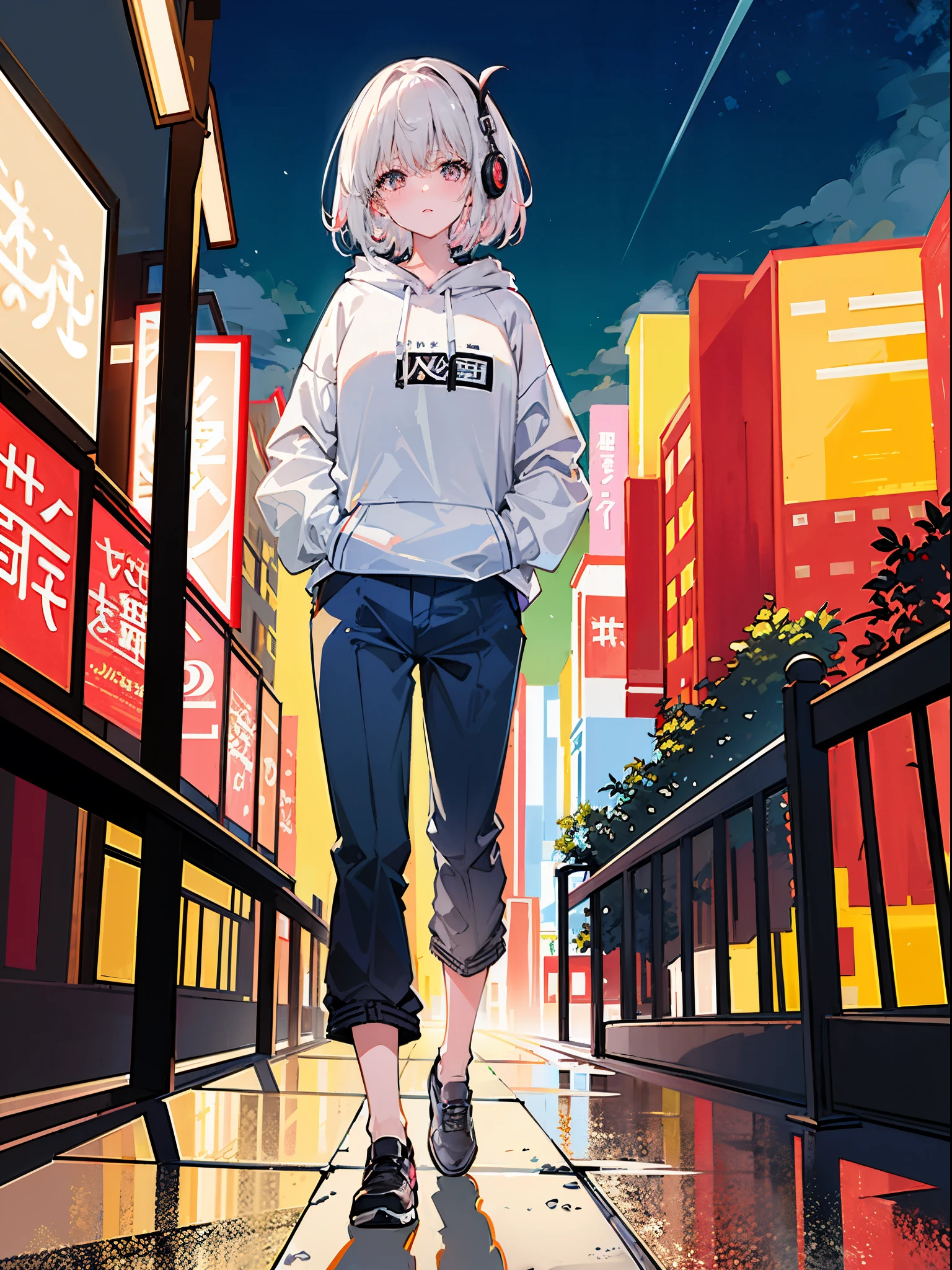 8K分辨率、((top-quality))、((masterpiece))、((ultra-detailliert))、1 woman、独奏、incredibly absurdness、Oversized hoodies、headphones、Street、plein air、Sateen、neons、Shortcut Hair、Brightly colored eyes、Hands in pockets、shortpants、water dripping
