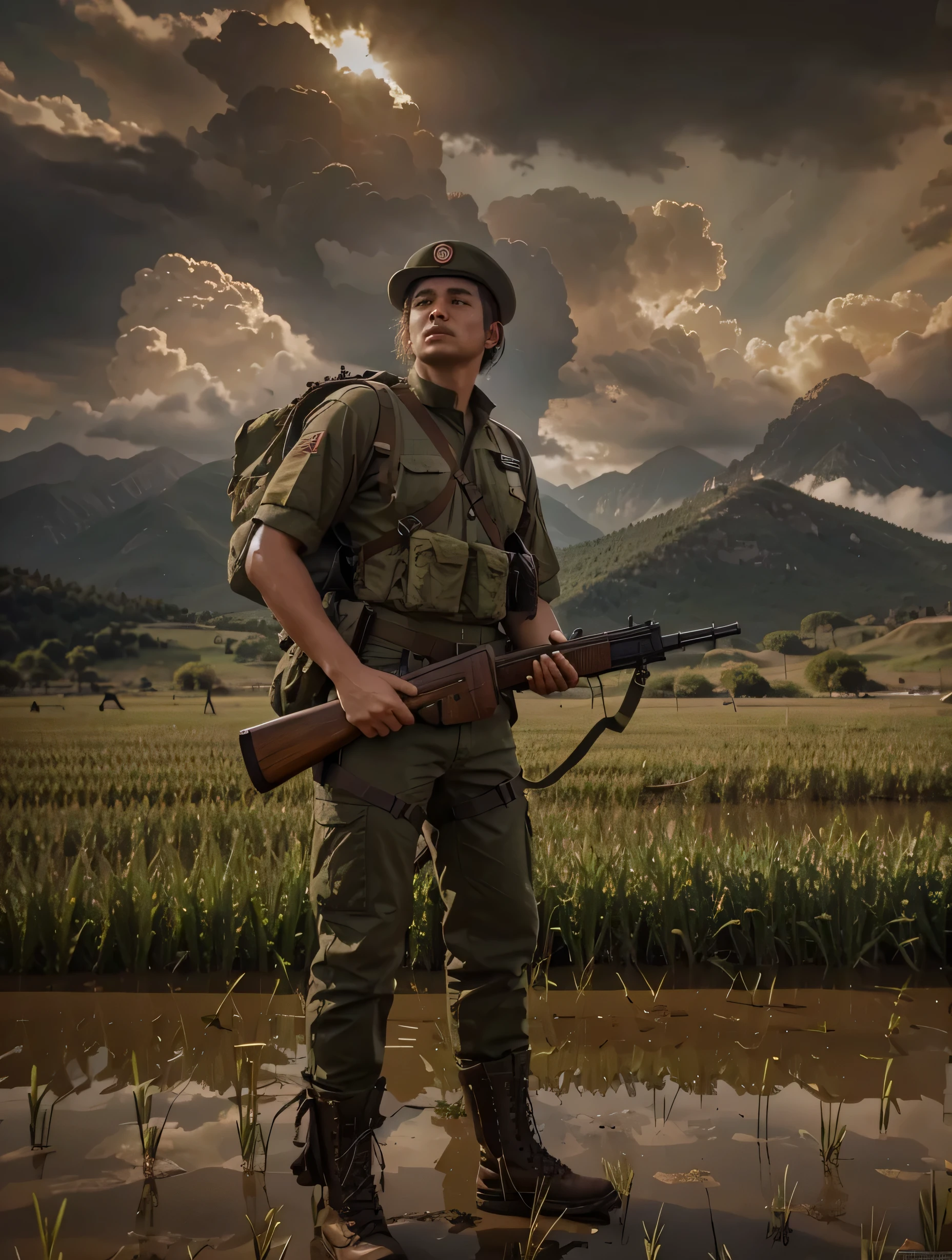 male soldier, Vietnamese face, scout hat, khaki Soviet style military uniform, military backpack, harnesses and belts with ammunition, holds rifle, military boots, water covers his boots, he is in a rice field, beautiful mountains, red sky, a lot of smoke, 4k, Ultra detailed image , realistic, Highly detailed, perfect composition, splendid, Intricately detailed, incredibly detailed, 8k art photography, hyper detailed, Masterpiece, Ultra detailed, hyper realistic, 4k, Ultra detailed image, realistic, Highly detailed , perfect composition, splendid , Intricately detailed, incredibly detailed, 8k fine art photography, hyper detailed, Masterpiece