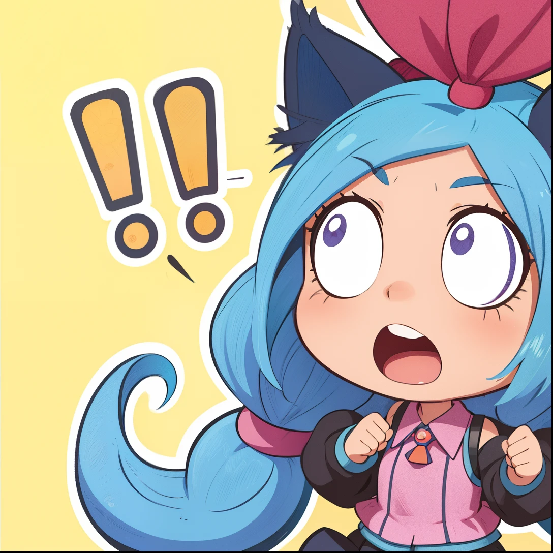 cartoon drawing of a girl with a blue hair and a blue outfit, jinx expression, jinx face, ojos rojos, pupilas rojas, ojos chiquitos, fox from league of legends chibi, chibi, cute!! chibi!!! catgirl, jinx from arcane, miku, jinx from league of legends, hatsune miku face, character art of maple story, cute:2, style as nendoroid, ropa gris, collar morado con una cascabel