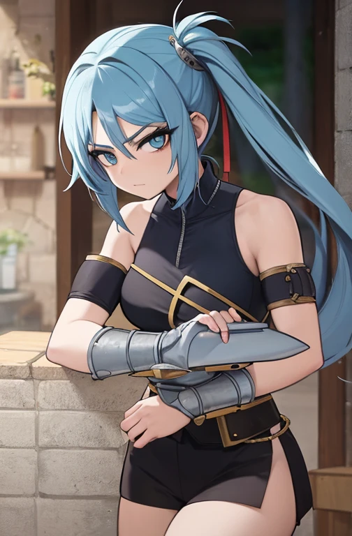 Imagen estilo anime de una chica de cabello azul y es baja y musculosa viste una armadura medieval y tiene una cara enojada