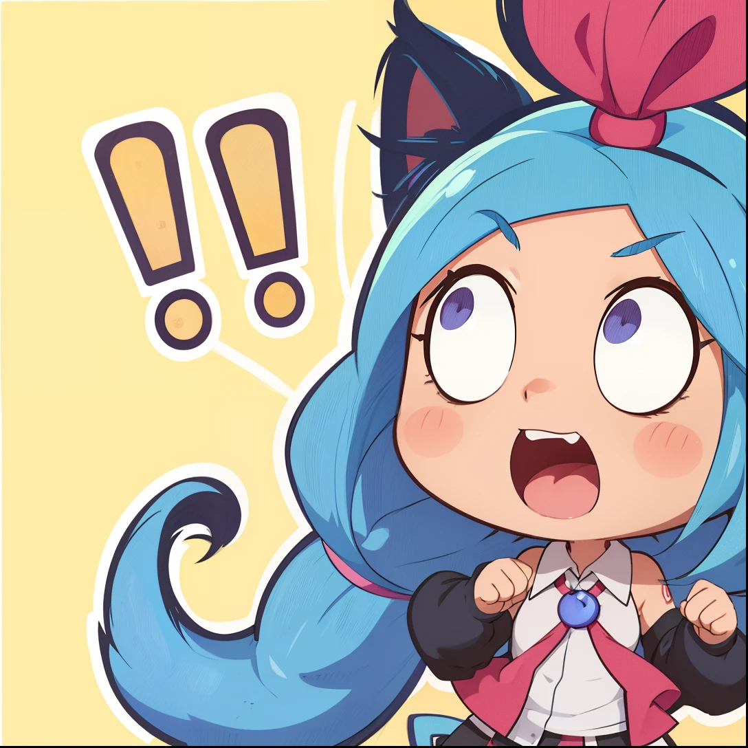 cartoon drawing of a girl with a blue hair and a blue outfit, jinx expression, jinx face, ojos rojos, pupilas rojas, ojos chiquitos, fox from league of legends chibi, chibi, cute!! chibi!!! catgirl, jinx from arcane, miku, jinx from league of legends, hatsune miku face, character art of maple story, cute:2, style as nendoroid, ropa gris, collar morado con una cascabel