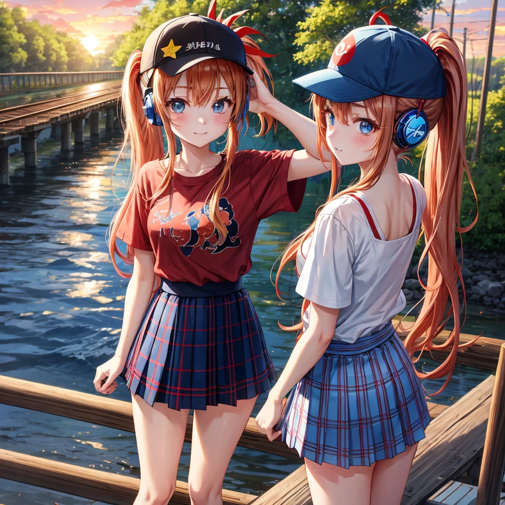 Red-blonde、blue hair、blue eyeraid、ponytail、one good looking girl、solo、anime、Plaid miniskirt、black t-shirt、camisole、forest、walking、Wearing a plaid baseball cap、Tilting your face、log bridge、Doing the ribbon、sunset sky、Wearing headphones、Stone bridge、train track、petal、A small bird is flying