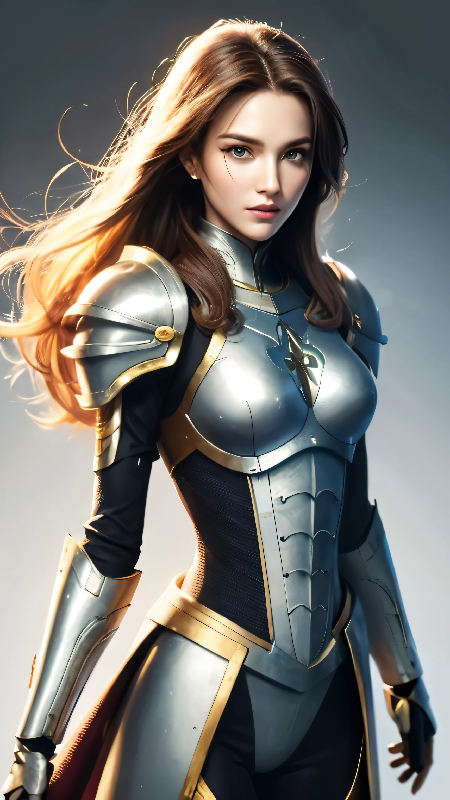 (masterpiece:1.2), High-definition images,facial details,, (detailed face),(fine eyes), (highest quality) (traditional media:1.2)  , (white background), upper body, (destiny), to know,Silver armor, chestnut hair, gauntlet, brown eyes, hair ribbon, Armored dress,  blue clothes,Full body high-definition painting,