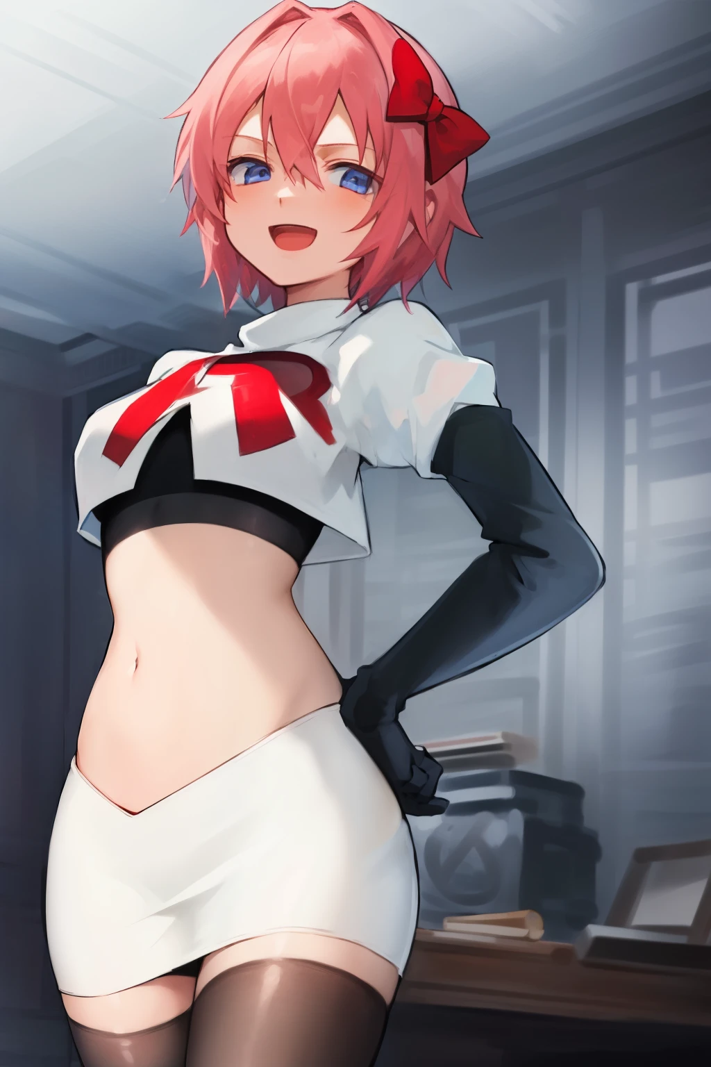 2d, masterpiece, best quality, anime, highly detailed, cowboy shot, 1girl, solo, sayori, blue eyes, pink hair, short hair, hair bow, red bow, :d, team rocket,team rocket uniform,white skirt,red letter R,crop top,black thigh-highs,black elbow gloves