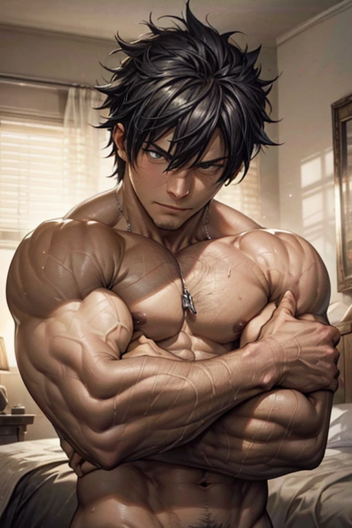 (highres,realistic) Gray Fullbuster hugging a teddy bear toy on a cozy bed, gazing at the viewer with his intense and captivating eyes. His muscular and rugged physique is prominently displayed as he sits, naked, in the front view. The contours of his body are exquisitely defined, showcasing his strength and masculinity. The lighting casts a warm and inviting glow on his powerful figure, creating a sense of intimacy. The room is adorned with soft and plush textures, radiating comfort and tranquility. The teddy bear cradled in Gray's arms adds a touch of innocence and tenderness to the scene. The color palette is predominantly cool and muted, with hints of blues and grays, reflecting Gray's calm and composed personality. The attention to detail in this artwork is phenomenal, capturing the smallest nuances of Gray's facial expression, the texture of his skin, and the fine creases of the teddy bear's fur. The resulting image is a masterpiece that effortlessly blends strength, vulnerability, and raw emotion, inviting the viewer to be captivated by Gray's magnetic presence.