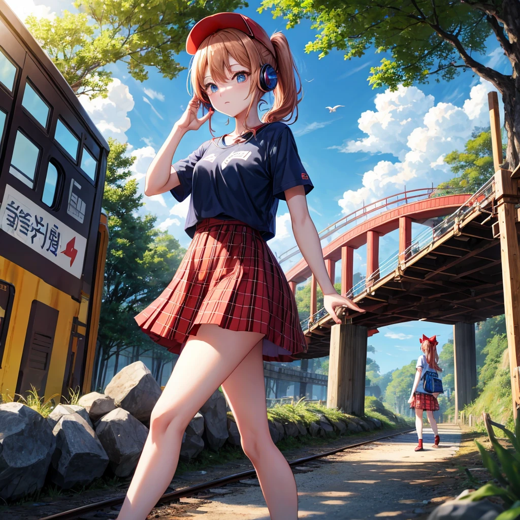 Red-blonde、blue hair、blue eyeraid、ponytail、one good looking girl、solo、anime、Plaid miniskirt、black t-shirt、camisole、forest、walking、Wearing a plaid baseball cap、Tilting your face、log bridge、Doing the ribbon、sunset sky、Wearing headphones、Stone bridge、train track、petal、A small bird is flying、big tree