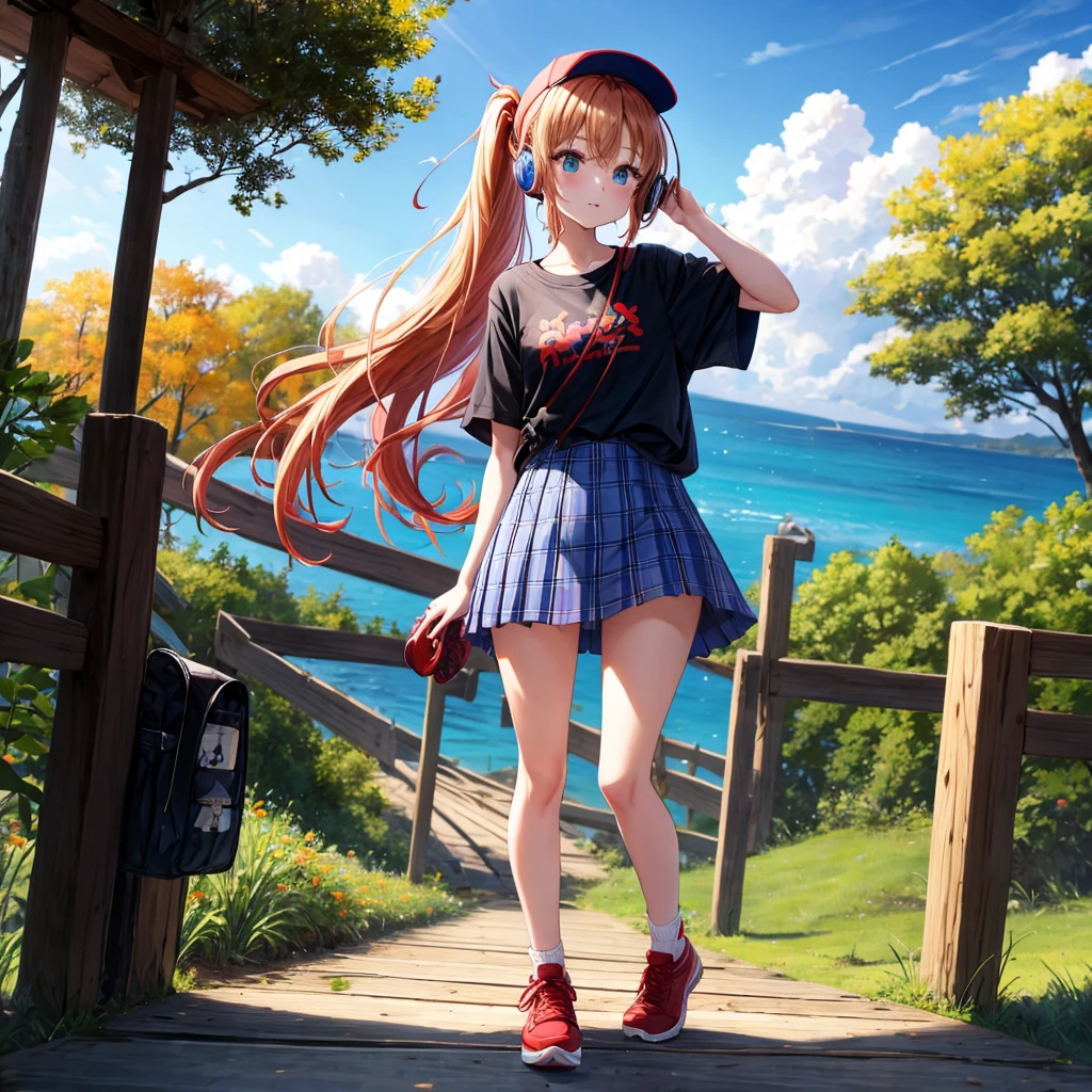 Red-blonde、blue hair、blue eyeraid、ponytail、one good looking girl、solo、anime、Plaid miniskirt、black t-shirt、camisole、forest、walking、Wearing a plaid baseball cap、Tilting your face、log bridge、Doing the ribbon、sunset sky、Wearing headphones、Stone bridge、train track、petal、A small bird is flying、big tree