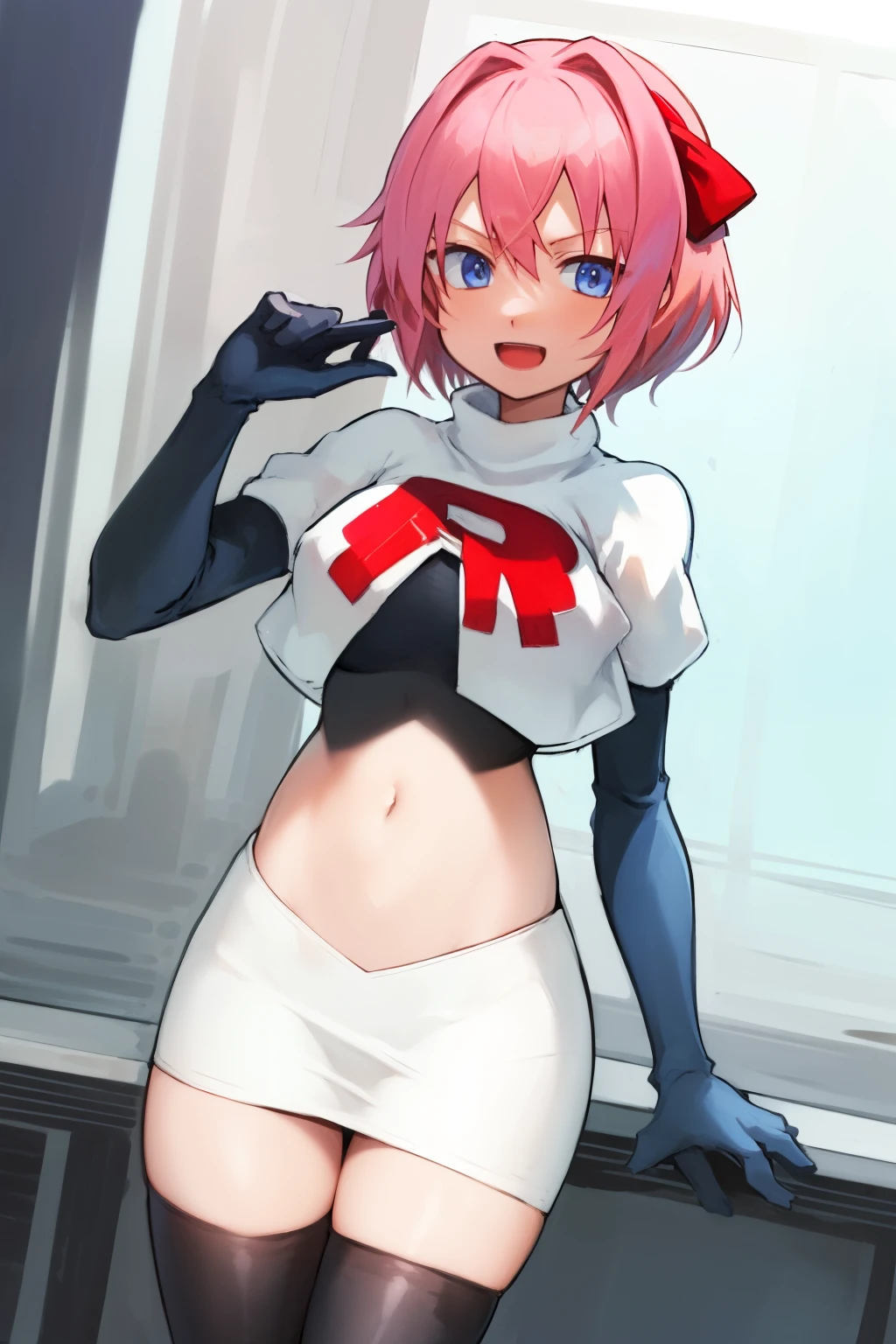 shiny eyes, (Looking at Viewer,Smile with open mouth:1.1), ((1girl in)), (maturefemale:1.4), (red blush), Solo, Pink bob hair, (Open crotch), (Spread legs), (thighs thighs thighs thighs), (Police Uniform), Laugh, On a hotel bed, masutepiece, Best Quality, Ultra-detailed, glistening shiny, Glowing light, Ray tracing, hard diskR, deph of field, (Perfect face, Detailed face, Detailed eyes,Perfect hands,Perfect fingers), 8K,hard disk,An ultra - realstic face,Ray tracing,Perfect Lighting,Best Quality, Ultra-detailed