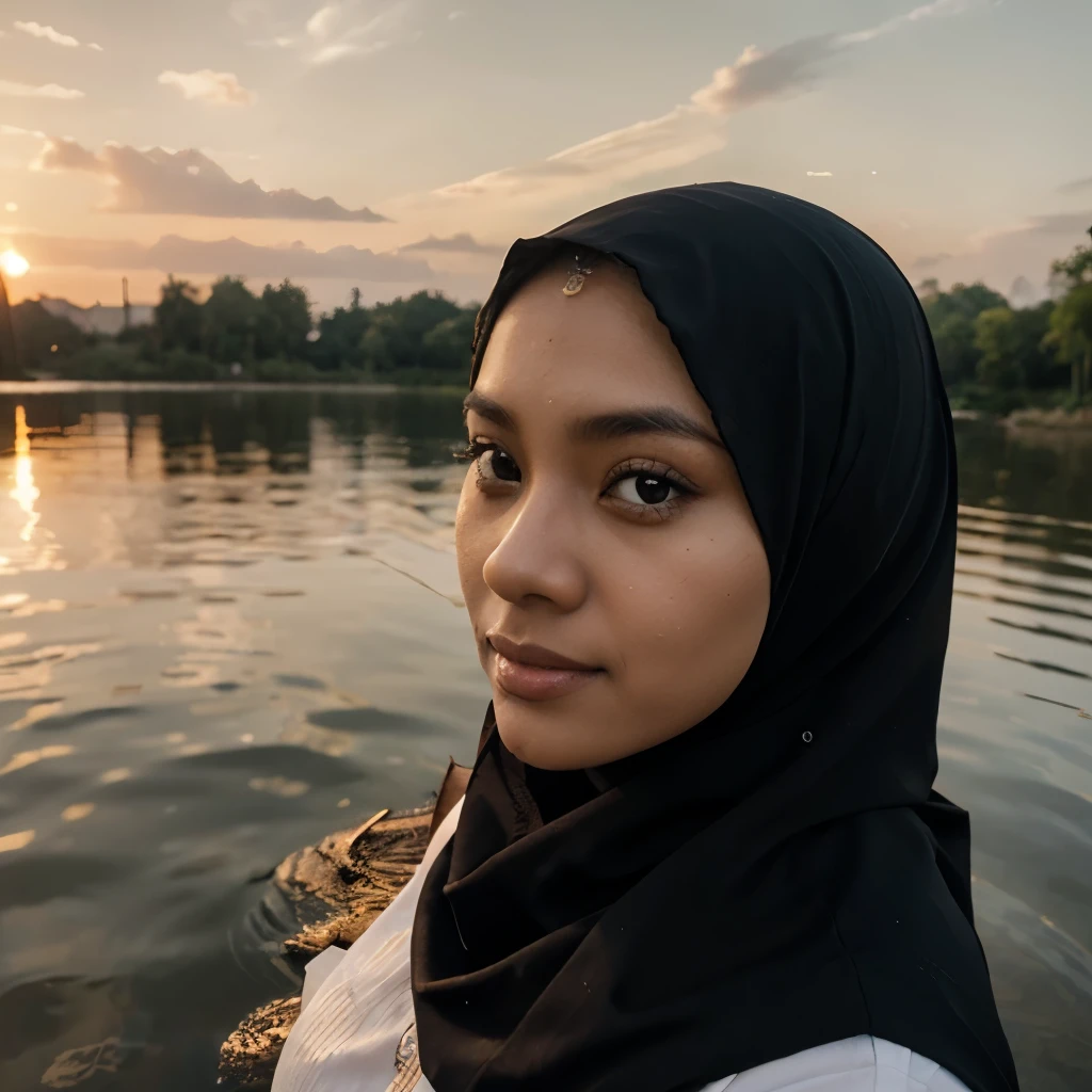 create a close up image of a beautiful malay girl wearing hijab, in river with half of face in the water with amazing sunrise, in background, potray the breathtaking sunrise in details with reflection in water, potray her beauty like we never see anyone like her before, gorgeous and fabulous and looking to the camera like waiting for the answer