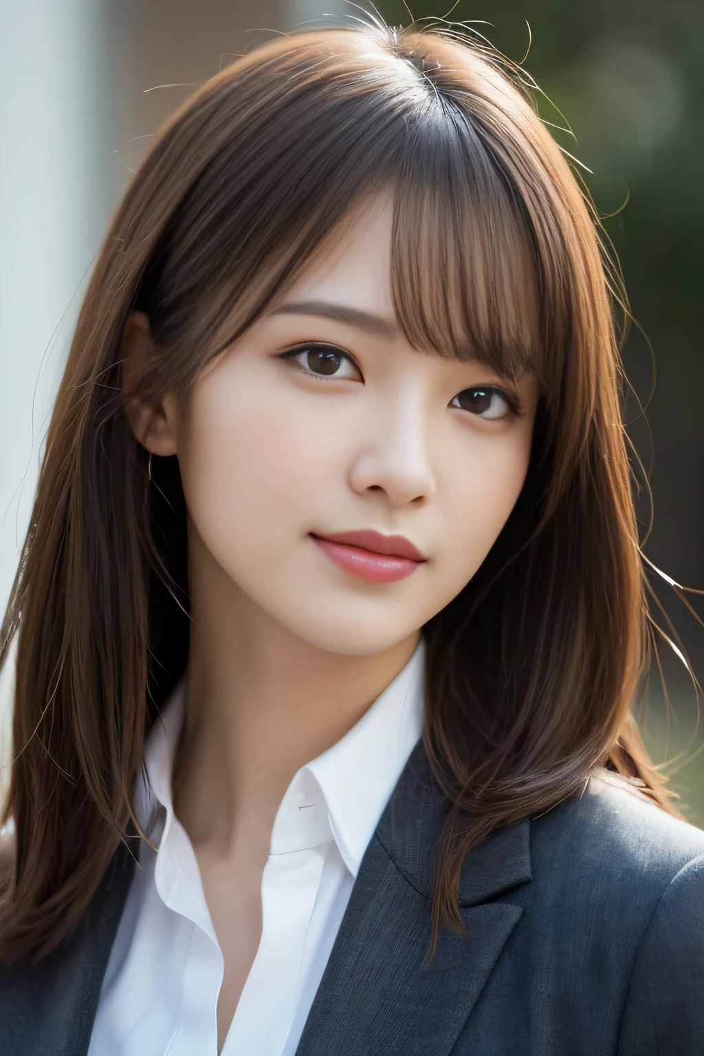 pieces fly, highest quality, realistic, Super detailed, finely, High resolution, 8K Dende Wallpaper, 1 beautiful woman,, light brown messy hair, wearing a business suit, sharp focus, perfect dynamic composition, beautiful and detailed eyes, fine hair, Detailed realistic skin texture, smile, close-up portrait, model body shape
