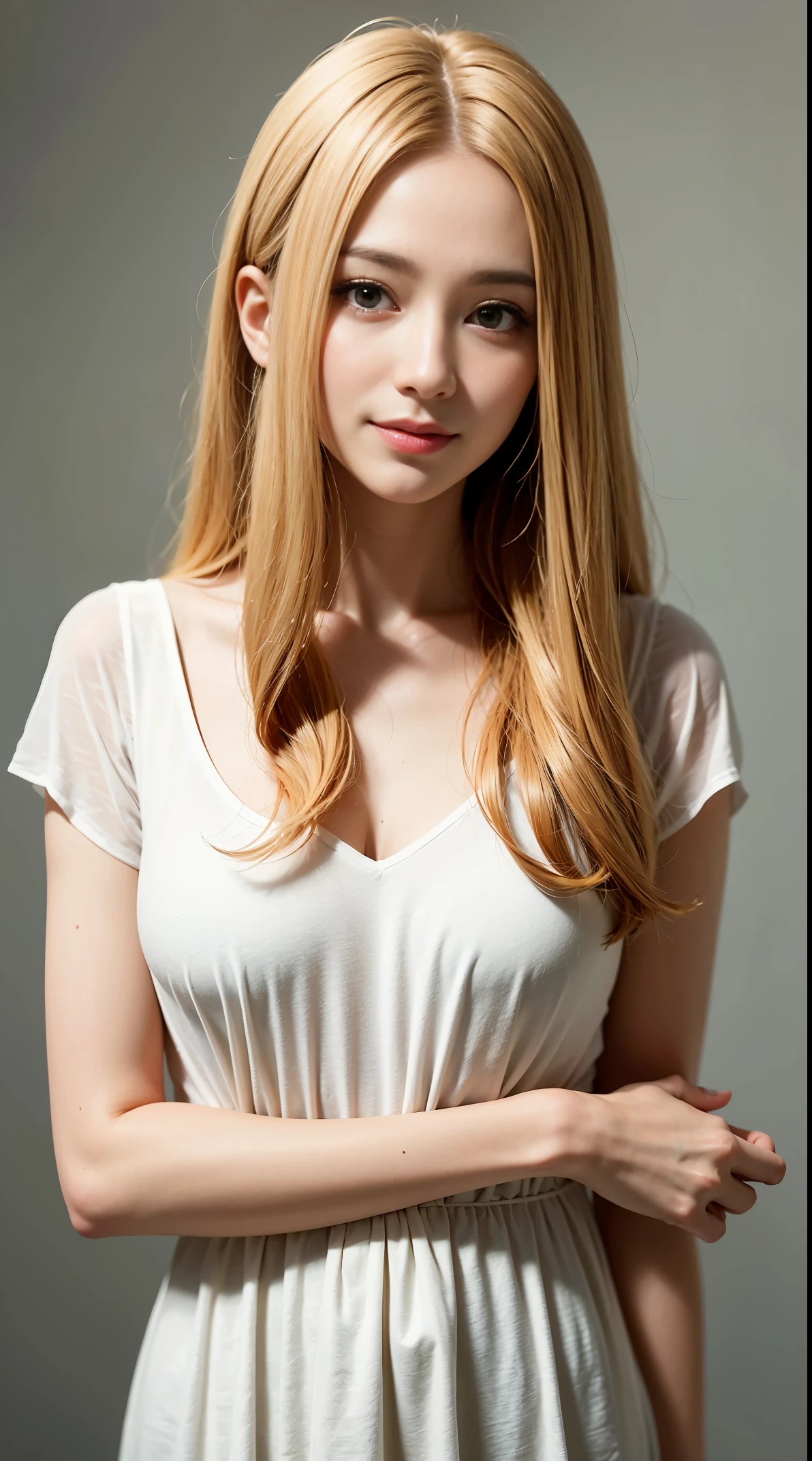 masterpiece, best quality,facing viewer, upper body,middle age female,Greek goddess's demeanor, melon seed face, ((slender eyes)), mole under eye,brown eyeballs, thin lips, blonde hair, very long hair, closed mouth and smile,40 year old, self-portrait, Simple background,white dress,