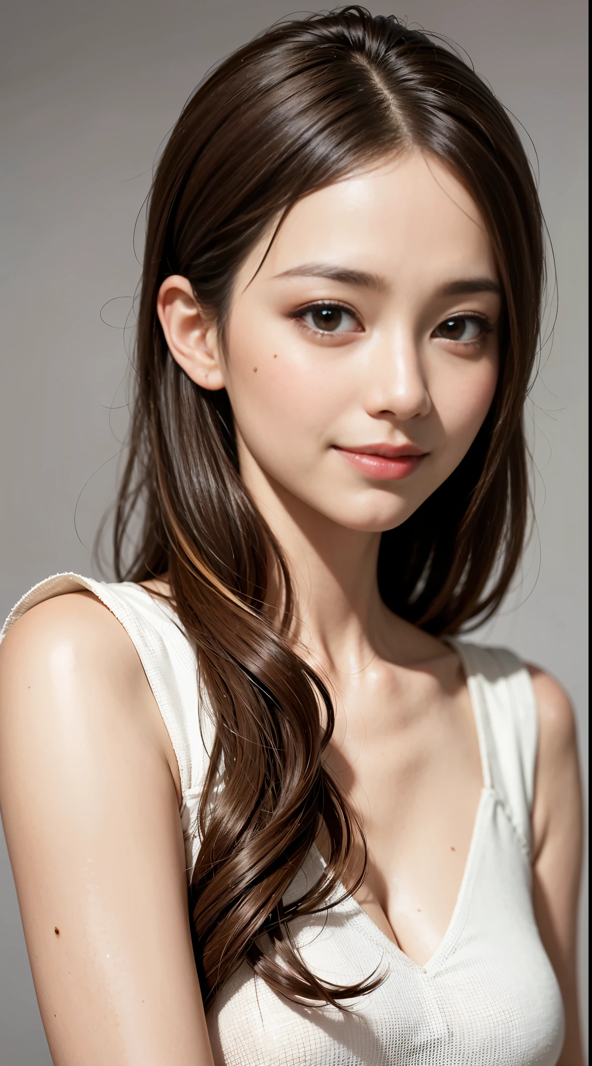 masterpiece, best quality,facing viewer, upper body,middle age female,Greek goddess's demeanor, melon seed face, ((slender eyes)), mole under eye,brown eyeballs, thin lips, blonde hair, very long hair, closed mouth and smile,40 year old, self-portrait, Simple background,white dress,