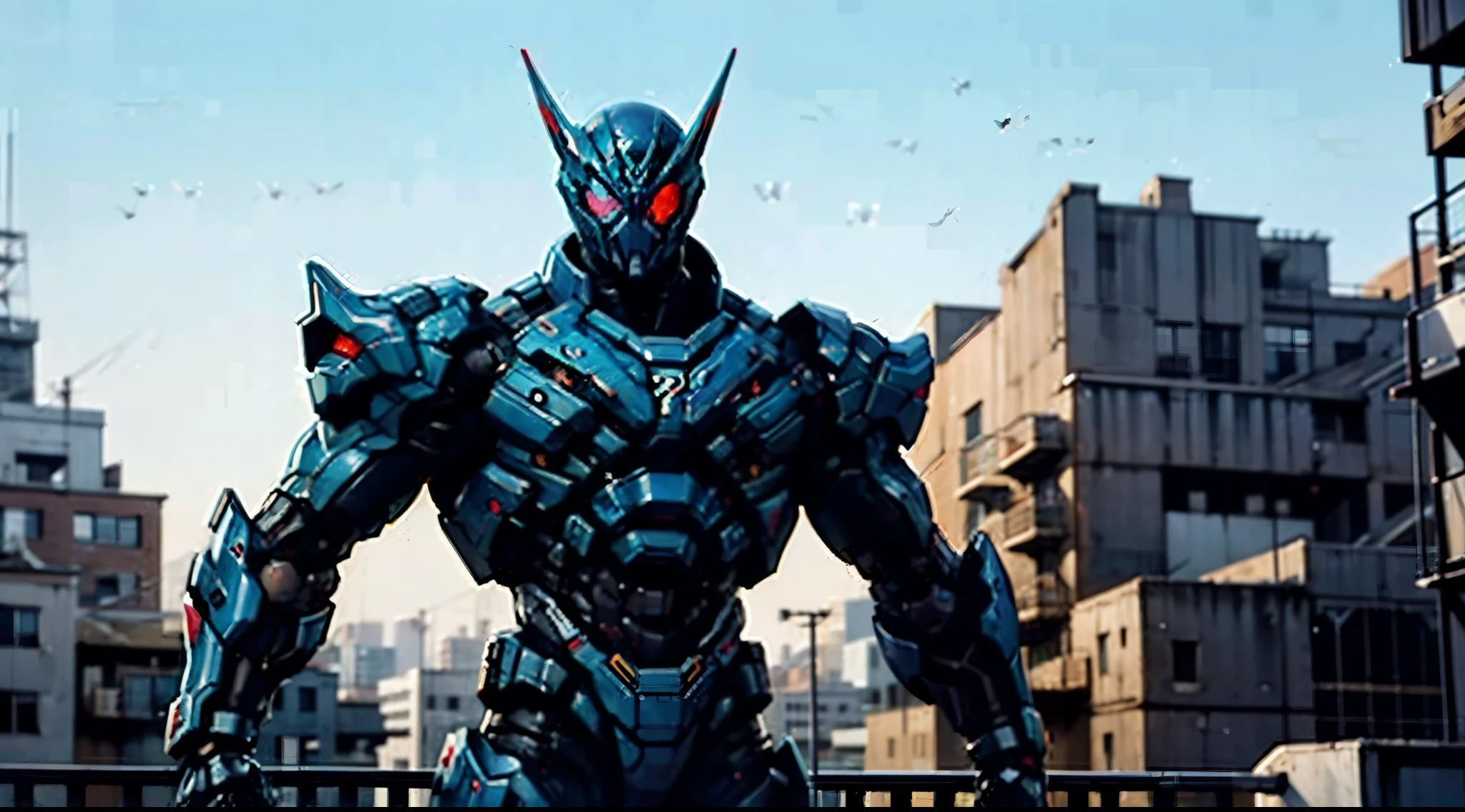 A super a high-tech biotech battle suit, standing on a rooftop, looking over the city, Japanese tokusatsu and American comic style, biometallic texture of the suit, sleek and shiny, dynamic, fast, natural light, cinematic, high quality, high resolution, high detail, sophisticated design, dramatic, high definition, ultra-detailed, ultra-fine painting, extremely delicate, creativity, Natural light, cinematic lighting, best shadow, masterpiece-anatomy-perfect