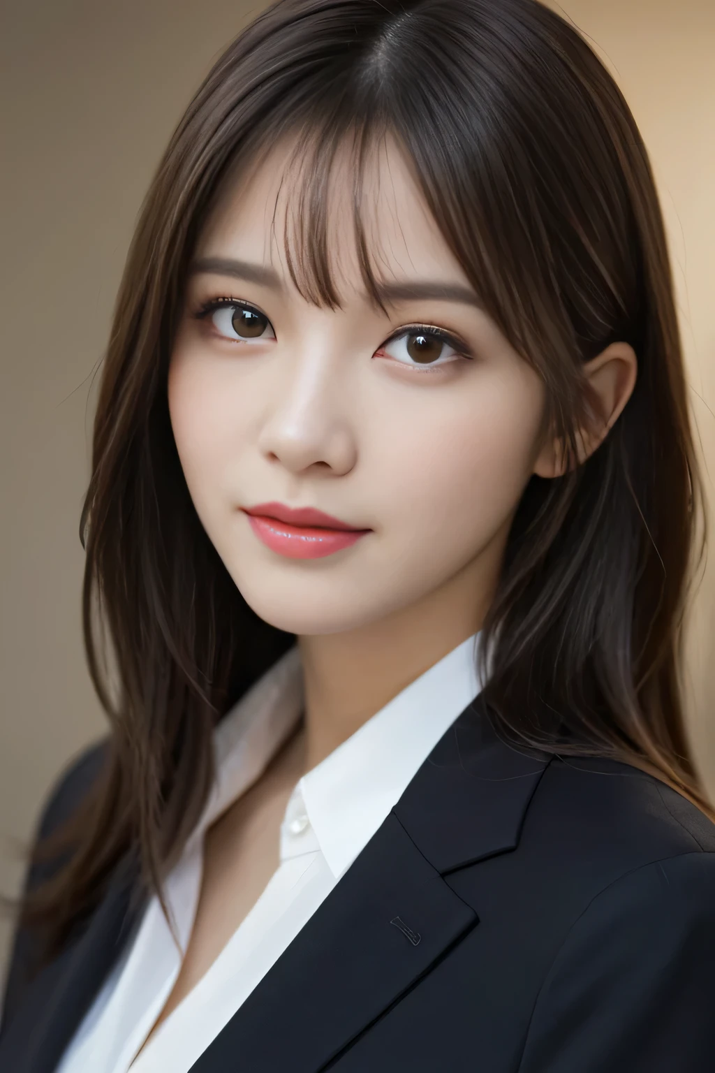 pieces fly, highest quality, realistic, Super detailed, finely, High resolution, 8K Dende Wallpaper, 1 beautiful woman,, light brown messy hair, wearing a business suit, sharp focus, perfect dynamic composition, beautiful and detailed eyes, fine hair, Detailed realistic skin texture, smile, close-up portrait, model body shape