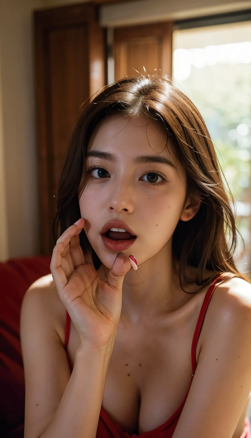 Realisticな,(master piece, high quality:1.2) ,Realistic, RAW photography, wide wide shot,  ( Hand Sign), verbal invitation, she keeps her mouth open, (just enough to make ends meet), adjust hair, tie hair,