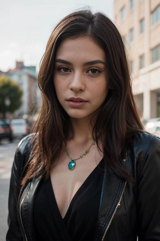 ((best quality)), ((masterpiece)), (detailed), perfect face realistic photo of beautiful woman with long dark brown hair, Russian, influencer, light freckles, dark brown eyes, big lips, no makeup, instagram, wearing a black jacket and green beaded necklace, tumblr, dragon - inspired suit, detail shot, an amalgamation of a snake, peter guthrie, 2 0 2 0 fashion, swarovski, h 576, lapel, sexy :8, detailed picture, detailed image