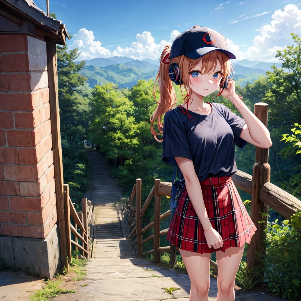 Red-blonde、blue hair、blue eyeraid、ponytail、one good looking girl、solo、anime、Plaid miniskirt、black t-shirt、camisole、forest、walking、Wearing a plaid baseball cap、Tilting your face、log bridge、Doing the ribbon、sunset sky、Wearing headphones、Stone bridge、Stone staircase、petal、A small bird is flying、big tree