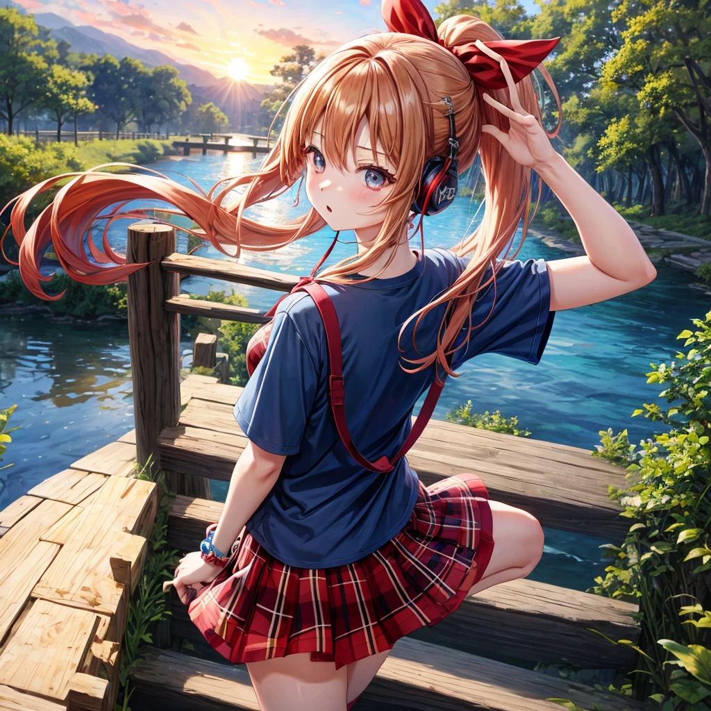 Red-blonde、blue hair、blue eyeraid、ponytail、one good looking girl、solo、anime、Plaid miniskirt、black t-shirt、camisole、forest、walking、Wearing a plaid baseball cap、Tilting your face、log bridge、Doing the ribbon、sunset sky、Wearing headphones、Stone bridge、Stone staircase、petal、A small bird is flying、big tree