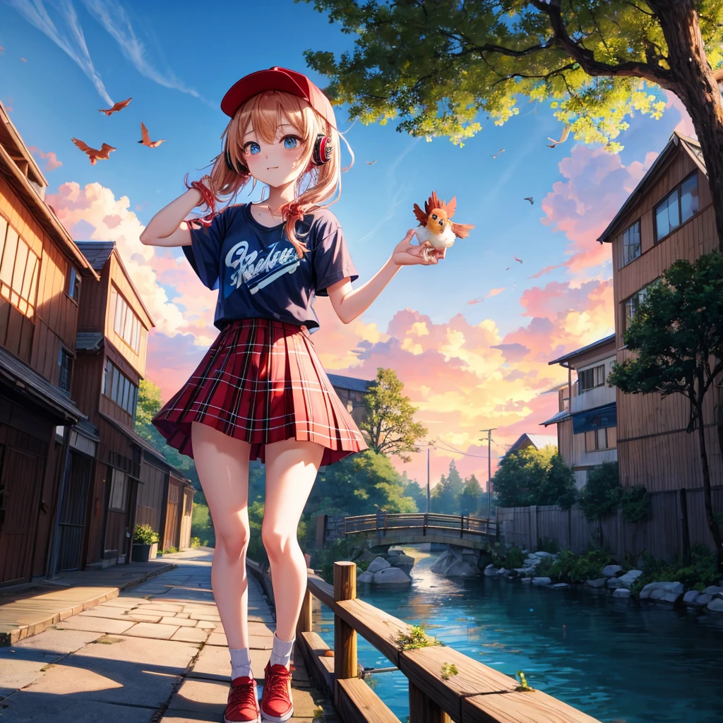 Red-blonde、blue hair、blue eyeraid、ponytail、one good looking girl、solo、anime、Plaid miniskirt、black t-shirt、camisole、forest、walking、Wearing a plaid baseball cap、Tilting your face、log bridge、Doing the ribbon、sunset sky、Wearing headphones、Stone bridge、Stone staircase、petal、A small bird is flying、big tree