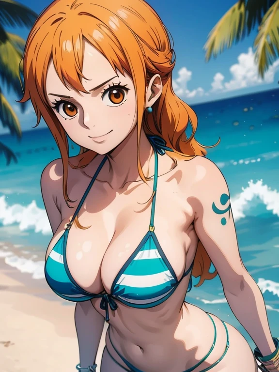 Nami wears a bikini top and super green miniskirt, decote , seios grandes , segurando os seios , uma obra-prima , Retrato bonito , arte de anime digital detalhada , Muito detalhes Artgerm haha, deviantart artstation cgsscosiety , fanart melhor artstation, Artgerm. alto detalhamento, seios grandes, olhando para baixo.