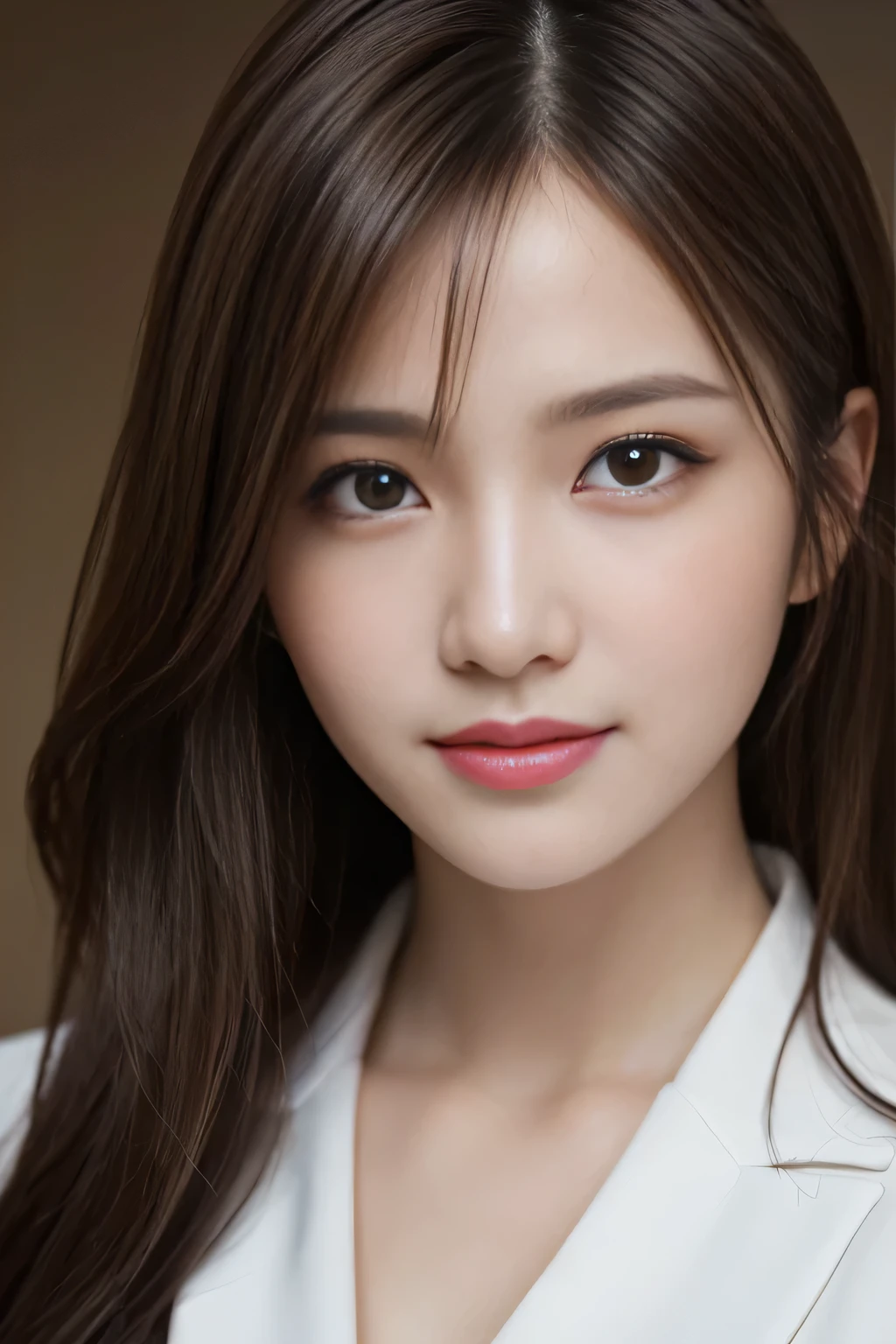 pieces fly, highest quality, realistic, Super detailed, finely, High resolution, 8K Dende Wallpaper, 1 beautiful woman,, light brown messy hair, wearing a business suit, sharp focus, perfect dynamic composition, beautiful and detailed eyes, fine hair, Detailed realistic skin texture, smile, close-up portrait, model body shape