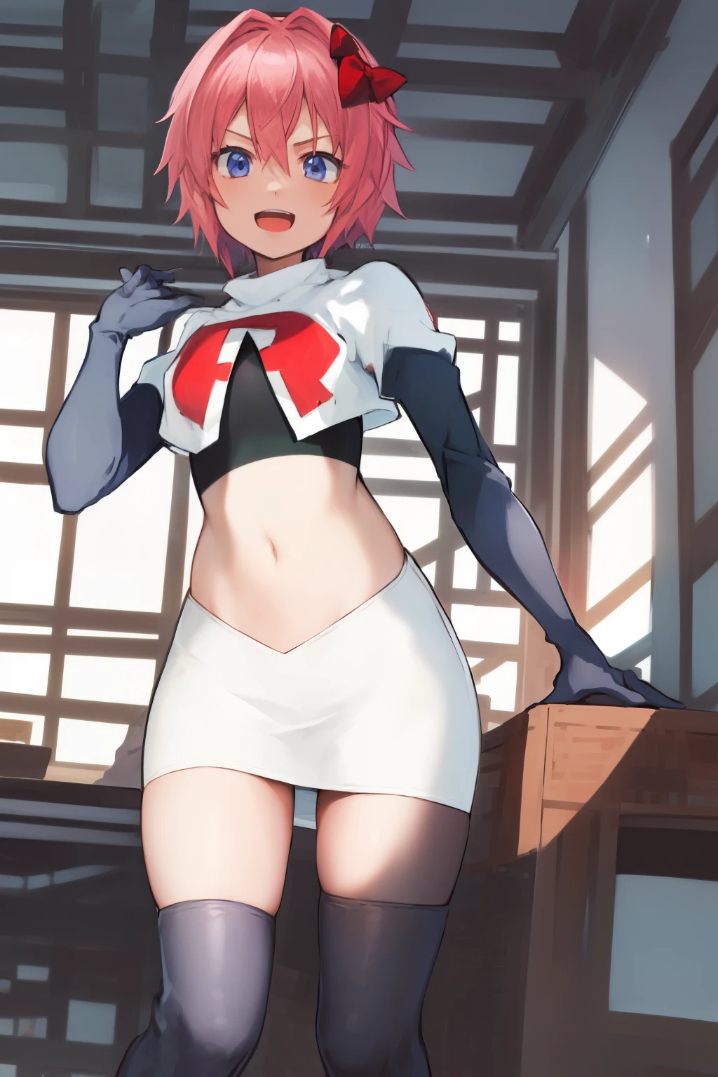 2d, masterpiece, best quality, anime, highly detailed, cowboy shot, 1girl, solo, sayori, blue eyes, pink hair, short hair, hair bow, red bow, :d, team rocket,team rocket uniform,white skirt,red letter R,crop top,black thigh-highs,black elbow gloves 