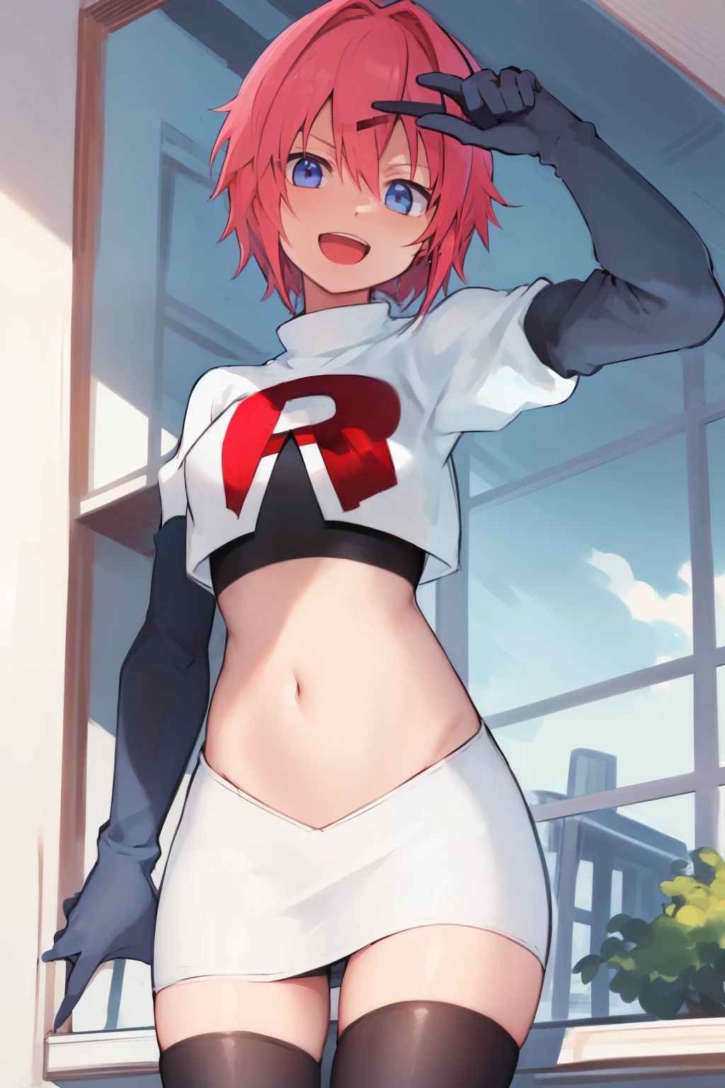 2d, masterpiece, best quality, anime, highly detailed, cowboy shot, 1girl, solo, sayori, blue eyes, pink hair, short hair, hair bow, red bow, :d, team rocket,team rocket uniform,white skirt,red letter R,crop top,black thigh-highs,black elbow gloves 