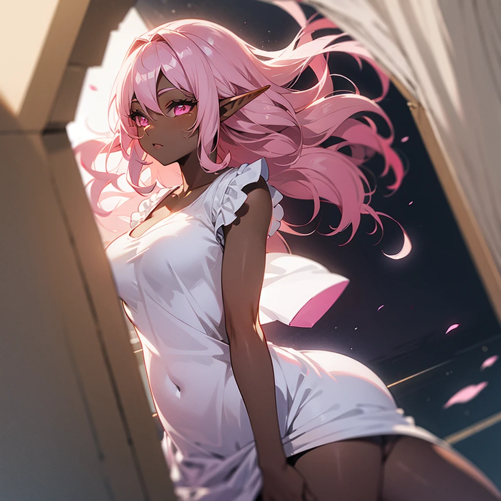 (((Dark Skin Elf Woman))),(((Pink Eyes))),(((Pink wavy hair))),(Curvy body),(((Alone))),(((Wearing a white Roman dress))),(((Alone)))