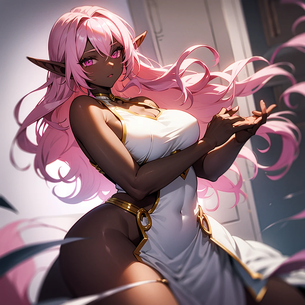 (((Dark Skin Elf Woman))),(((Pink Eyes))),(((Pink wavy hair))),(Curvy body),(((Alone))),(((Wearing a white Roman dress))),(((Alone)))