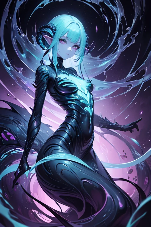 A tentacled alien from a dystopian world, its long, sinuous appendages curling and writhing with an otherworldly grace. The creature's ethereal appearance is captured in a hyper-realistic digital painting, where the vibrant hues of teal and lavender illuminate its sleek, slimy exoskeleton. The alien's luminescent eyes pierce through the darkness, holding an enigmatic allure. The intricate details of its tentacles, adorned with intricate patterns and shimmering textures, are mesmerizing to behold. This expertly crafted image transports the viewer into a digital anime realm, evoking a sense of mystery and awe.