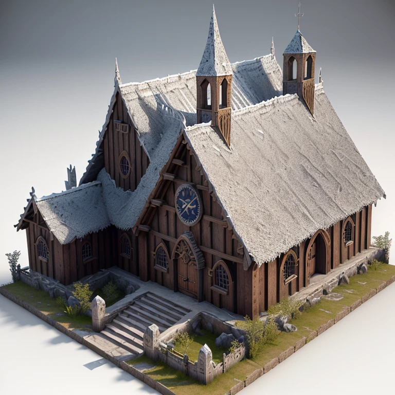 Medieval architecture in SLG strategy architecture game, Viking style barracks with realistic magic art style, gorgeous Viking totem decoration and distinctive features, 3D model HD rendering, architectural rendering, orthographic isometric view, 45 degree Angle from above, (white background), high detail, film, global lighting, realistic lighting, Unreal engine rendering, Substance 3D, octane Rendering, (hdr:1.3)
