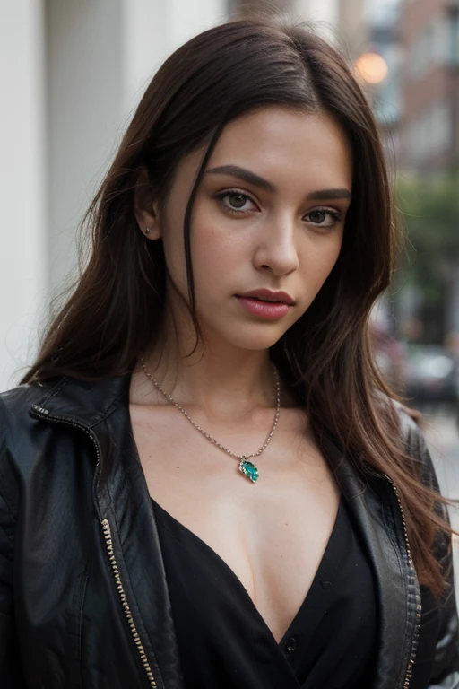 ((best quality)), ((masterpiece)), (detailed), perfect face realistic photo of beautiful woman with long dark brown hair, Russian, influencer, light freckles, dark brown eyes, big lips, no makeup, instagram, wearing a black jacket and green beaded necklace, tumblr, dragon - inspired suit, detail shot, an amalgamation of a snake, peter guthrie, 2 0 2 0 fashion, swarovski, h 576, lapel, sexy :8, detailed picture, detailed image
