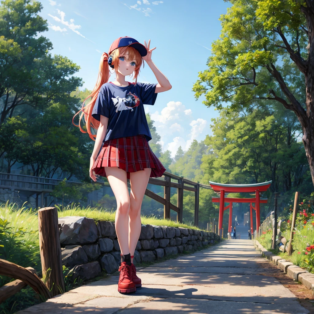 Red-blonde、blue hair、blue eyeraid、ponytail、one good looking girl、solo、anime、Plaid miniskirt、black t-shirt、camisole、forest、walking、Wearing a plaid baseball cap、Tilting your face、log bridge、Doing the ribbon、sunset sky、Wearing headphones、Stone bridge、Stone staircase、petal、A small bird is flying、big tree、tunnel