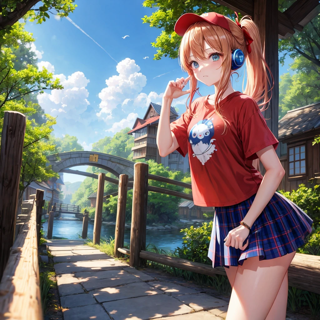 Red-blonde、blue hair、blue eyeraid、ponytail、one good looking girl、solo、anime、Plaid miniskirt、black t-shirt、camisole、forest、walking、Wearing a plaid baseball cap、Tilting your face、log bridge、Doing the ribbon、sunset sky、Wearing headphones、Stone bridge、Stone staircase、petal、A small bird is flying、big tree、tunnel