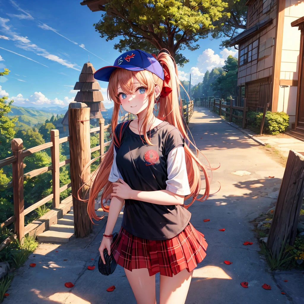 Red-blonde、blue hair、blue eyeraid、ponytail、one good looking girl、solo、anime、Plaid miniskirt、black t-shirt、camisole、forest、walking、Wearing a plaid baseball cap、Tilting your face、log bridge、Doing the ribbon、sunset sky、Wearing headphones、Stone bridge、Stone staircase、petal、A small bird is flying、big tree、tunnel