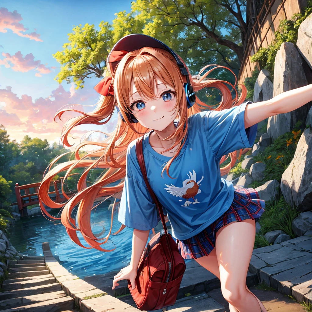 Red-blonde、blue hair、blue eyeraid、ponytail、one good looking girl、solo、anime、Plaid miniskirt、black t-shirt、camisole、forest、walking、Wearing a plaid baseball cap、Tilting your face、log bridge、Doing the ribbon、sunset sky、Wearing headphones、Stone bridge、Stone staircase、petal、A small bird is flying、big tree、tunnel