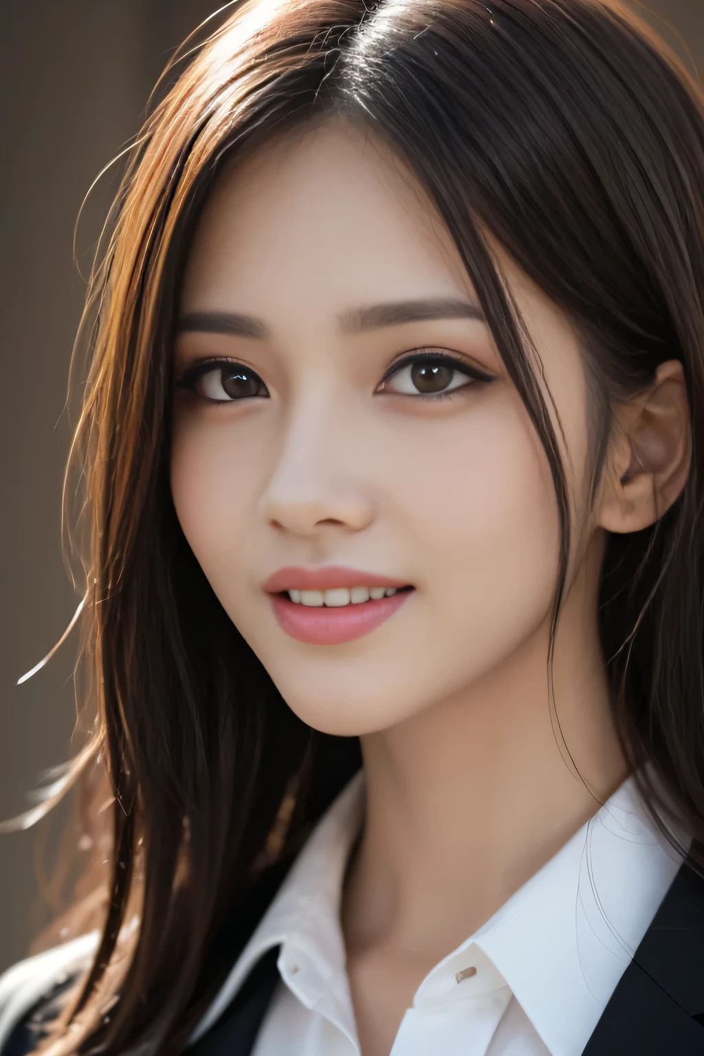 pieces fly, highest quality, realistic, Super detailed, finely, High resolution, 8K Dende Wallpaper, 1 beautiful woman,, light brown messy hair, wearing a business suit, sharp focus, perfect dynamic composition, beautiful and detailed eyes, fine hair, Detailed realistic skin texture, smile, close-up portrait, model body shape