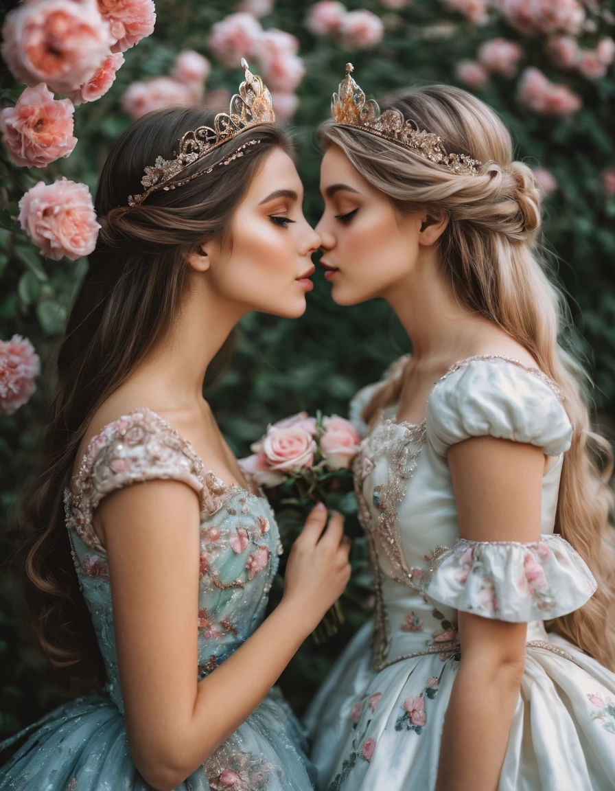 2girls, love, eye contact, kiss, Beautiful and pretty, princess look out of this world, floral,