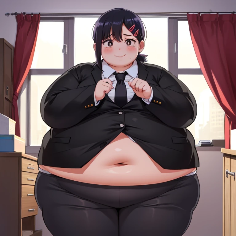 masterpiece, best quality, ultra-detailed, illustration, epic lighting, cinematic composition, isometric, 1girl, solo, cute, obese body, brown eyes, fat arms, fat belly, thick thighs, black hair, swept bangs, single sidelock, panties, red hairclip, white collared shirt, black necktie, black pants, formal, enchanting gaze, captivating pose, indoors, office, door, opening door, looking at viewer, peeking out upper body, blush, seductive smile, closed mouth,(8k:1.1),