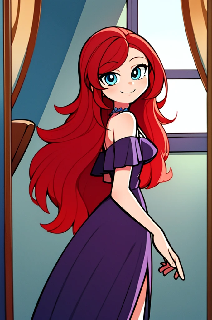 1 girl, Teenage, Red hair, Long Red hair, Medium Hair, Blue eyes, Purple off shoulder dress, Purple Flamenco Dress, Flamenco dancer, long skirt, Smile, room, indoor, window, daylight at the city, Sexy, masterpiece, High quality. 2D illustration