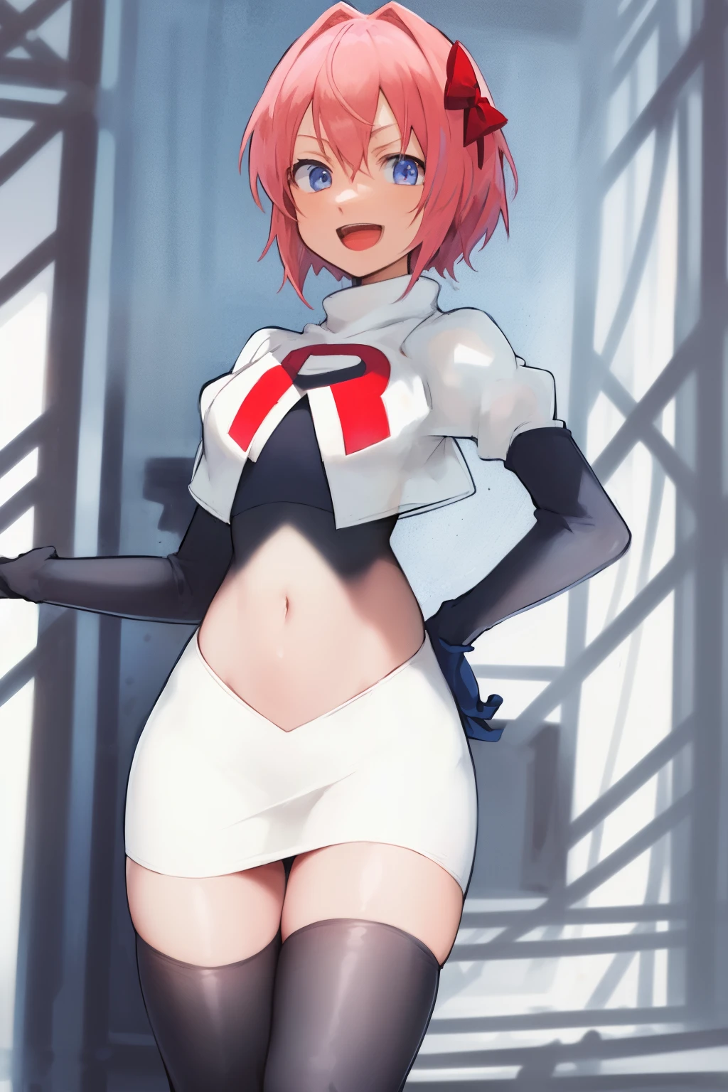 2d, masterpiece, best quality, anime, highly detailed, cowboy shot, 1girl, solo, sayori, blue eyes, pink hair, short hair, hair bow, red bow, :d, team rocket,team rocket uniform,white skirt,red letter R,crop top,black thigh-highs,black elbow gloves