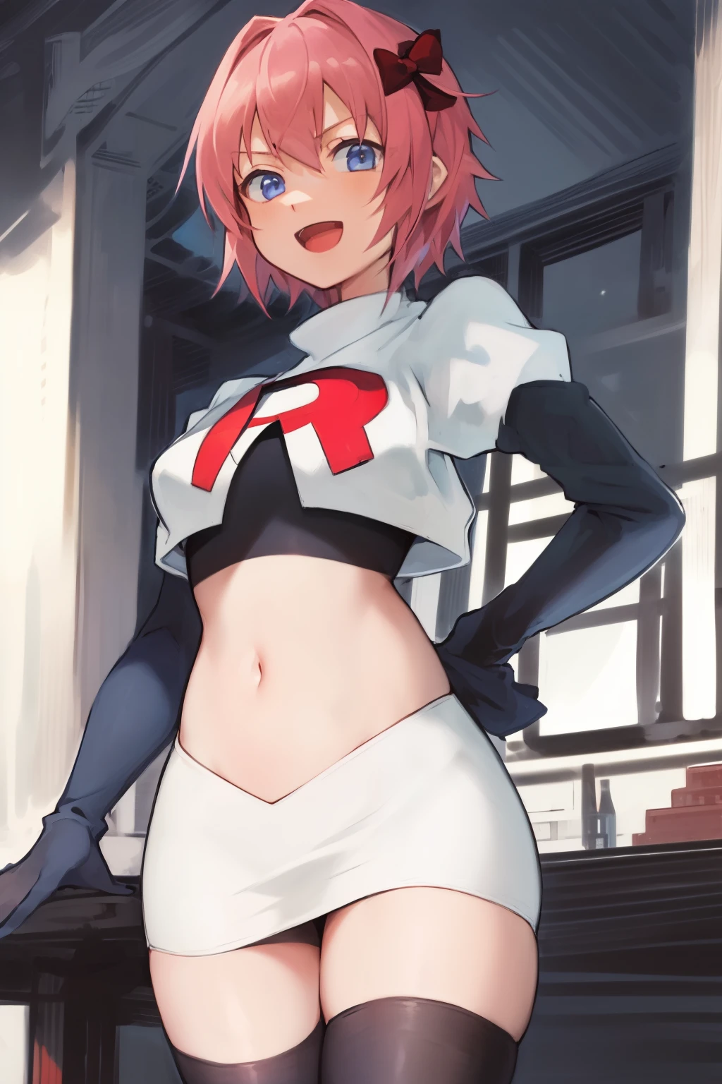 2d, masterpiece, best quality, anime, highly detailed, cowboy shot, 1girl, solo, sayori, blue eyes, pink hair, short hair, hair bow, red bow, :d, team rocket,team rocket uniform,white skirt,red letter R,crop top,black thigh-highs,black elbow gloves 