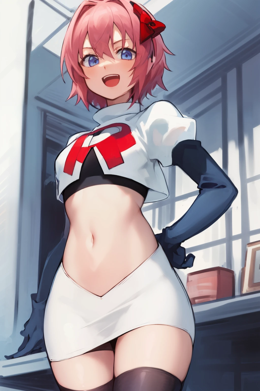 2d, masterpiece, best quality, anime, highly detailed, cowboy shot, 1girl, solo, sayori, blue eyes, pink hair, short hair, hair bow, red bow, :d, team rocket,team rocket uniform,white skirt,red letter R,crop top,black thigh-highs,black elbow gloves 