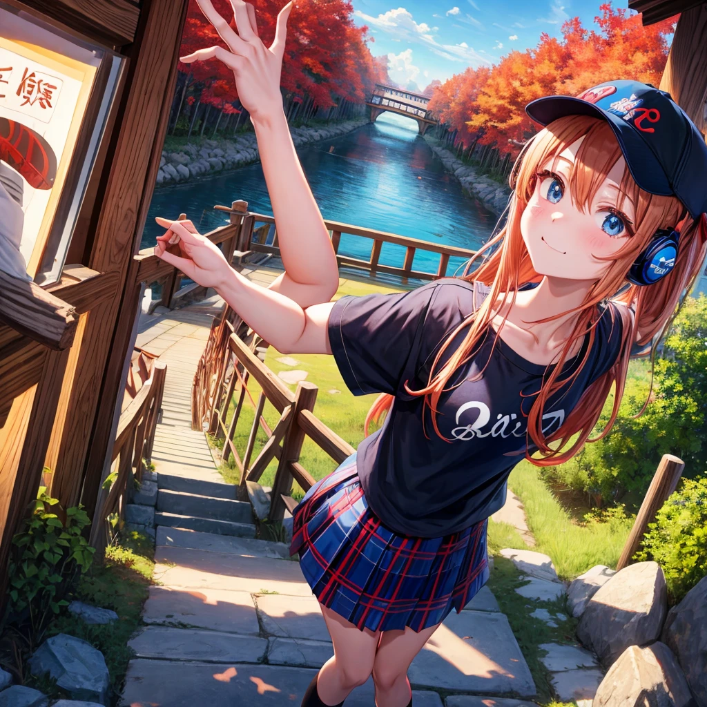 Red-blonde、blue hair、blue eyeraid、ponytail、one good looking girl、solo、anime、Plaid miniskirt、black t-shirt、camisole、forest、walking、Wearing a plaid baseball cap、Tilting your face、log bridge、Doing the ribbon、sunset sky、Wearing headphones、Stone bridge、Stone staircase、petal、A small bird is flying、big tree、tunnel